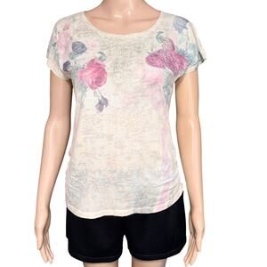 Y2K Joei & I Womens T Shirt Top Short Sleeve Floral Print Jeweled Ruched Medium